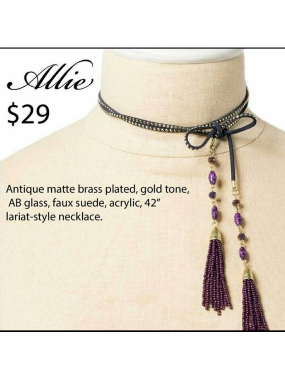 Premier Designs Purple Beaded Tassel Lariat Necklace Faux Suede